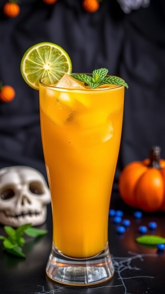 A refreshing glass of Macabre Mango Cooler garnished with lime and mint, against a Halloween-themed backdrop.
